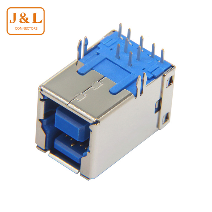 USB3.0B型母座連接器直腳魚(yú)叉B型3.0USB藍(lán)色膠芯耐溫阻燃高速母座
